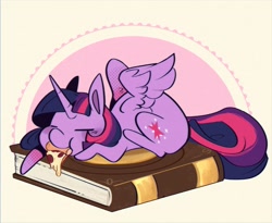 Size: 2601x2137 | Tagged: safe, artist:urbanqhoul, twilight sparkle, alicorn, pony, g4, book, bookhorse, eyes closed, food, high res, lying down, mouth hold, pizza, prone, solo, twilight sparkle (alicorn)