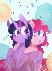 Size: 1708x2322 | Tagged: safe, artist:urbanqhoul, pinkie pie, twilight sparkle, alicorn, earth pony, pony, g4, balloon, confetti, cute, duo, female, lesbian, palindrome get, ship:twinkie, shipping, smiling, tongue out, twilight sparkle (alicorn)