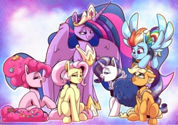Size: 4096x2880 | Tagged: safe, artist:lrusu, applejack, fluttershy, pinkie pie, rainbow dash, rarity, twilight sparkle, alicorn, earth pony, pegasus, pony, unicorn, g4, the last problem, applejack's hat, candy, candy in hair, cape, closed mouth, clothes, cowboy hat, crown, ears back, ethereal mane, ethereal tail, eyes closed, eyeshadow, female, flying, folded wings, food, granny smith's shawl, group, group shot, hat, high res, hoof on head, hoof shoes, jacket, jewelry, lidded eyes, looking at each other, looking at someone, looking down, looking up, makeup, mane six, mare, midair, older, older applejack, older fluttershy, older mane six, older pinkie pie, older rainbow dash, older rarity, older twilight, open mouth, peytral, plushie, ponytail, princess shoes, princess twilight 2.0, profile, raised hoof, regalia, sextet, shawl, short hair, sitting, spread wings, standing, starry mane, starry tail, stetson, teddy bear, tiara, twilight sparkle (alicorn), wings