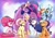 Size: 4096x2880 | Tagged: safe, artist:lrusu, applejack, fluttershy, pinkie pie, rainbow dash, rarity, twilight sparkle, alicorn, earth pony, pegasus, pony, unicorn, g4, my little pony: friendship is magic, the last problem, abstract background, applejack's hat, candy, cape, closed mouth, clothes, cowboy hat, ethereal hair, eye clipping through hair, eyebrows, eyebrows visible through hair, eyelashes, eyes closed, eyeshadow, female, floppy ears, flying, folded wings, food, granny smith's shawl, group, hat, high res, hoof shoes, horn, jacket, jewelry, lidded eyes, lollipop, looking at each other, looking at someone, makeup, mane six, mare, older, older applejack, older fluttershy, older mane six, older pinkie pie, older rainbow dash, older rarity, older twilight, older twilight sparkle (alicorn), open mouth, open smile, outline, partially open wings, peytral, ponytail, princess shoes, princess twilight 2.0, raised hoof, regalia, scarf, sextet, short hair, sitting, smiling, spread wings, standing, starry hair, tiara, twilight sparkle (alicorn), wall of tags, wings, wrinkles