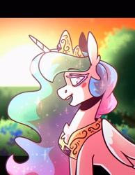 Size: 1590x2048 | Tagged: safe, artist:lrusu, princess celestia, alicorn, pony, g4, blush sticker, blushing, chest fluff, colored eyelashes, concave belly, crown, ear fluff, ethereal mane, female, folded wings, jewelry, looking at you, mare, peytral, regalia, sitting, slender, solo, sparkly mane, thin, tiara, wings