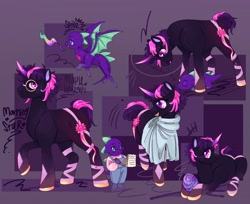 Size: 2048x1675 | Tagged: safe, artist:maplewozapi, spike, twilight sparkle, dragon, pony, unicorn, g4, alternate design, alternate name, alternate universe, cloak, clothes, colored hooves, crayon, dragon egg, dragonfire, duo, egg, glasses, gradient horn, gradient legs, horn, lying down, notebook, overalls, prone, purple background, raised hoof, round glasses, short tail, simple background, spread wings, standing, sweater, tail, unicorn twilight, wings