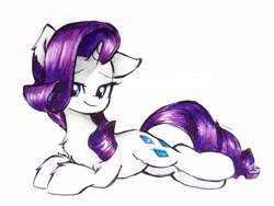 Size: 2553x1915 | Tagged: safe, artist:liaaqila, rarity, pony, unicorn, g4, eyebrows, eyebrows visible through hair, female, high res, horn, looking at you, lying down, mare, one ear down, prone, signature, simple background, smiling, smiling at you, solo, traditional art, white background