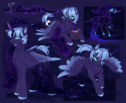 Size: 2048x1675 | Tagged: safe, artist:maplewozapi, nightmare moon, princess luna, tantabus, alicorn, dragon, pegasus, pony, g4, alternate design, alternate universe, blue sclera, book, colored hooves, colored wings, colored wingtips, curved horn, dragon tantabus, dragonified, duo, ethereal hair, ethereal mane, ethereal tail, flying, folded wings, gradient horn, gradient legs, gradient wings, hoof shoes, horn, hybrid wings, lying down, not a ponytail, pegasus luna, race swap, raised hoof, sparkly mane, sparkly tail, species swap, standing, starry mane, starry tail, tail, wings