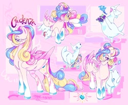 Size: 2048x1675 | Tagged: safe, artist:maplewozapi, princess cadance, spike, oc, oc:impromptu, alicorn, dragon, pegasus, pony, g4, alternate design, alternate name, alternate universe, colored hooves, colored horn, colored wings, colored wingtips, dragon oc, duo, folded wings, hair bun, horn, looking at you, lying down, musical instrument, non-pony oc, pegasus cadance, pink background, simple background, standing, tambourine, wings