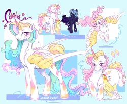 Size: 2048x1675 | Tagged: safe, artist:maplewozapi, philomena, princess celestia, princess luna, tantabus, alicorn, dragon, hybrid, pegasus, pony, unicorn, g4, alternate design, alternate universe, blue background, coat markings, colored hooves, colored wings, curved horn, dragon philomena, dragon tantabus, dragonified, duo, ethereal hair, ethereal mane, ethereal tail, female, flying, folded wings, gradient horn, heart, horn, lying down, multicolored wings, name, pegasus luna, prone, race swap, shiny hooves, siblings, signature, simple background, sisters, species swap, standing, tail, unicorn celestia, wings