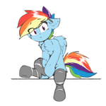 Size: 1200x1200 | Tagged: safe, artist:deafjaeger, rainbow dash, pegasus, pony, g4, chest fluff, clothes, cute, dashabetes, ear fluff, ears back, eye clipping through hair, eyebrows, eyebrows visible through hair, female, looking at you, mare, simple background, sitting, socks, solo, surprised, white background, wings