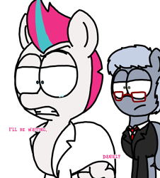 Size: 3023x3351 | Tagged: safe, artist:professorventurer, zipp storm, oc, oc:daniel strauss, earth pony, pegasus, pony, series:ask pippamena, g5, clothes, crying, duo, female, glasses, high res, lab coat, male, mare, necktie, stallion, suit, teary eyes