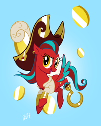 Size: 1638x2048 | Tagged: safe, artist:brdte, oc, oc only, oc:samantha, pegasus, pony, amputee, coin, female, gradient background, hat, hook, looking at you, mare, non-mlp oc, open mouth, open smile, peg leg, pirate, pirate hat, ponified, prosthetic leg, prosthetic limb, prosthetics, signature, smiling, smiling at you, solo