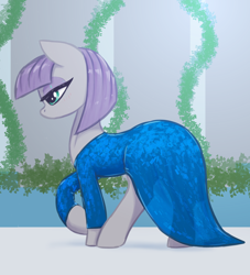 Size: 2250x2480 | Tagged: safe, artist:t72b, maud pie, earth pony, pony, g4, blushing, clothes, dress, eyeshadow, female, gala dress, high res, lidded eyes, makeup, mare, plant, solo, walking