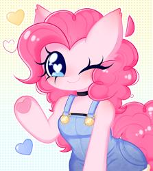 Size: 2232x2504 | Tagged: safe, artist:arwencuack, pinkie pie, earth pony, pony, semi-anthro, g4, arm hooves, arwencuack is trying to murder us, blushing, clothes, cute, diapinkes, female, heart, heart eyes, high res, hoof heart, one eye closed, overalls, solo, underhoof, wingding eyes, wink