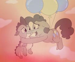 Size: 3500x2900 | Tagged: safe, artist:rupert, pinkie pie, spike, dragon, earth pony, pony, series:spiketober: rupert style, g4, balloon, cloud, crying, cute, diapinkes, duo, fangs, female, floating, floppy ears, high res, holding, holding a dragon, male, monochrome, puppy dog eyes, ship:pinkiespike, shipping, shipping fuel, sky, smiling, spikabetes, spikelove, straight, tears of joy, teary eyes, then watch her balloons lift her up to the sky, winged spike, wings