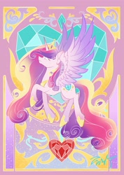 Size: 2894x4093 | Tagged: safe, artist:co306012, princess cadance, alicorn, pony, g4, colored wings, concave belly, crown, ethereal mane, ethereal tail, female, gradient mane, gradient tail, gradient wings, hoof fluff, hoof shoes, jewelry, long mane, long tail, mare, peytral, princess shoes, regalia, side view, slender, smiling, solo, spread wings, tail, thin, wings