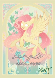 Size: 2894x4093 | Tagged: safe, artist:co306012, fluttershy, pegasus, pony, g4, open mouth, smiling, solo, spread wings, wings