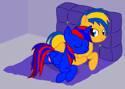 Size: 1982x1400 | Tagged: safe, artist:stephen-fisher, oc, oc only, oc:flare spark, oc:stephen (stephen-fisher), alicorn, pegasus, pony, g4, female, male, needs more saturation, sleeping