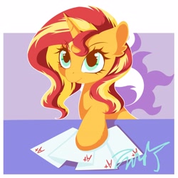 Size: 4093x4093 | Tagged: safe, artist:co306012, sunset shimmer, pony, unicorn, g4, a+, bust, horn, looking at you, smiling, solo