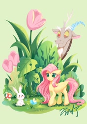 Size: 2480x3508 | Tagged: safe, artist:co306012, angel bunny, discord, fluttershy, draconequus, pegasus, pony, rabbit, g4, animal, cute, female, flower, high res, male, mare, shyabetes, smiling, trio