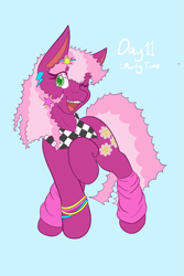 Size: 1365x2048 | Tagged: safe, artist:mscolorsplash, cheerilee, earth pony, pony, g4, 80s, 80s cheerilee, blue background, braces, clothes, female, leg warmers, mare, one eye closed, open mouth, open smile, ponytober, simple background, smiling, solo