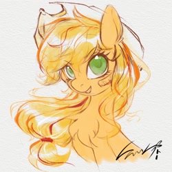 Size: 2048x2048 | Tagged: safe, artist:co306012, part of a set, applejack, earth pony, pony, g4, bust, chest fluff, female, hat, high res, looking at you, mare, simple background, smiling, solo