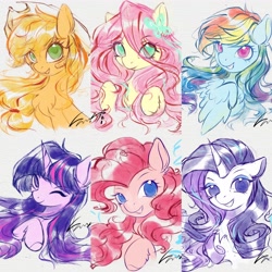 Size: 4224x4224 | Tagged: safe, artist:co306012, applejack, fluttershy, pinkie pie, rainbow dash, rarity, twilight sparkle, earth pony, pegasus, pony, unicorn, g4, bust, hairpin, hat, looking at you, one eye closed, simple background, smiling, wink