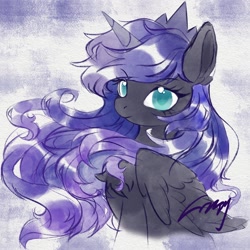 Size: 2048x2048 | Tagged: safe, artist:co306012, princess luna, alicorn, pony, g4, bust, chest fluff, crown, high res, jewelry, looking at you, regalia, simple background, sitting, smiling, solo