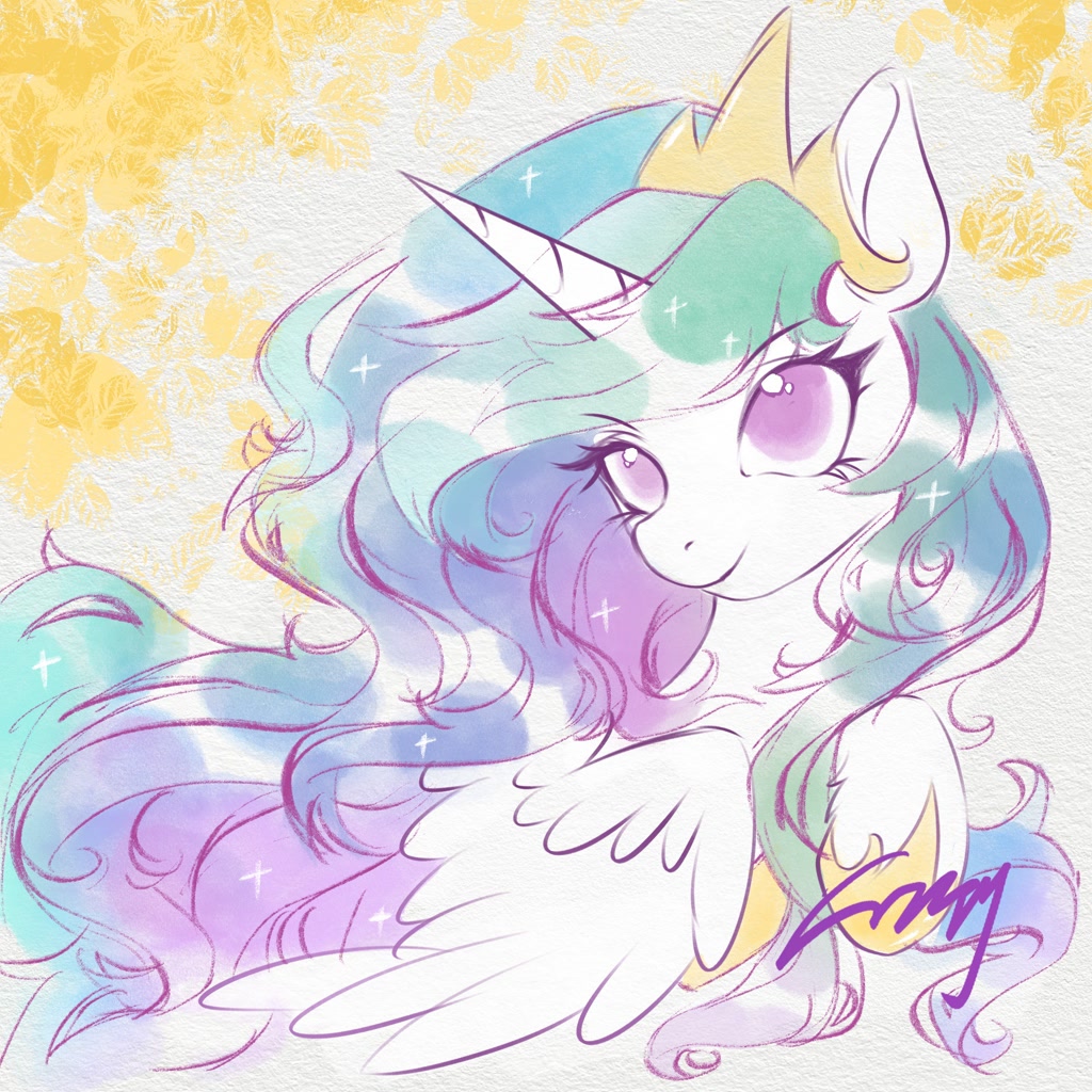 [alicorn,bust,jewelry,looking at you,pony,princess celestia,safe,simple background,solo,regalia,smiling,artist:co306012]