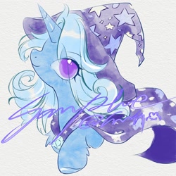 Size: 2048x2048 | Tagged: safe, artist:co306012, trixie, pony, unicorn, g4, bust, cape, clothes, hat, high res, lofter, looking at you, obtrusive text, obtrusive watermark, simple background, smiling, solo, watermark, witch hat