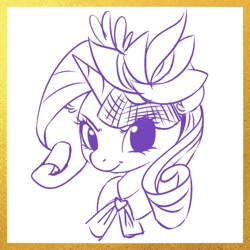 Size: 960x960 | Tagged: safe, artist:co306012, rarity, pony, unicorn, g4, bust, hat, lofter, monochrome, simple background, sketch, smiling, smirk, solo