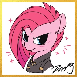 Size: 960x960 | Tagged: safe, artist:co306012, pinkie pie, earth pony, pony, g4, bust, clothes, pinkamena diane pie, simple background, smiling, smirk, solo