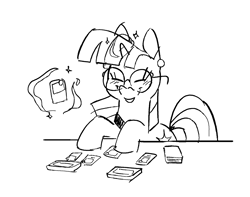 Size: 1222x965 | Tagged: safe, artist:kyssimmee, twilight sparkle, pony, unicorn, g4, black and white, card game, eyes closed, female, glasses, grayscale, levitation, magic, mare, monochrome, playing card, round glasses, simple background, smiling, solo, telekinesis, unicorn twilight, white background