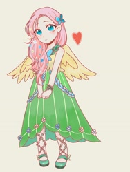 Size: 2598x3464 | Tagged: safe, artist:梦的边界, fluttershy, human, g4, clothes, dress, gala dress, hairpin, heart, high res, humanized, looking at you, simple background, smiling, solo, winged humanization, wings
