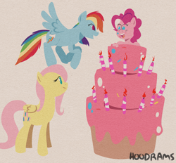 Size: 4409x4096 | Tagged: safe, artist:hoodrams, fluttershy, pinkie pie, rainbow dash, earth pony, pegasus, pony, g4, cake, candle, fire, food, lineless, simple background, trio, white background