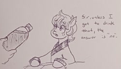 Size: 1519x860 | Tagged: safe, artist:pony quarantine, oc, oc:red the prostitute, earth pony, human, pony, bottle, clothes, coke, dialogue, female, freckles, mare, offscreen character, pencil drawing, robe, soda, soda bottle, solo focus, traditional art