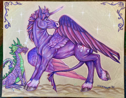 Size: 2182x1689 | Tagged: safe, artist:unacctmango, part of a set, spike, twilight sparkle, alicorn, dragon, horse, pony, g4, colored pencil drawing, duo, duo male and female, female, hoers, leonine tail, male, mare, rectangular pupil, signature, tail, traditional art, twilight sparkle (alicorn), unshorn fetlocks, wingless spike