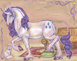 Size: 2161x1705 | Tagged: safe, artist:unacctmango, part of a set, opalescence, rarity, cat, classical unicorn, horse, pony, unicorn, g4, carpet, cloven hooves, colored pencil drawing, cushion, duo, duo female, fainting couch, female, hoers, horn, leonine tail, mare, signature, traditional art, unshorn fetlocks