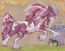 Size: 2166x1701 | Tagged: safe, artist:unacctmango, part of a set, gummy, pinkie pie, alligator, earth pony, gypsy vanner, horse, pony, g4, colored pencil drawing, cupcake, duo, duo male and female, female, food, hoers, male, mare, present, table, traditional art, unshorn fetlocks