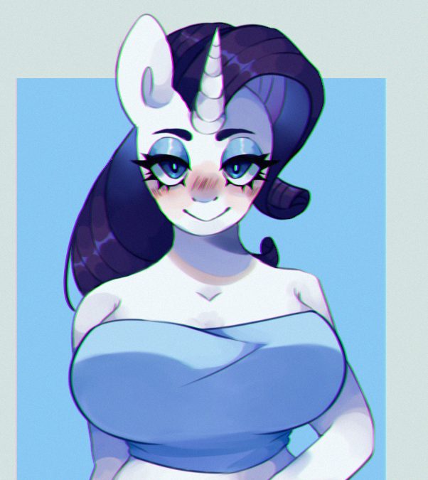 [anthro,big breasts,blushing,breasts,looking at you,rarity,safe,simple background,solo,unicorn,huge breasts,lidded eyes,hand on hip,blue background,smiling,smiling at you,busty rarity,passepartout,artist:xscarywaysx]