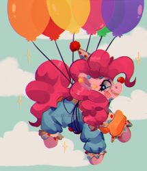 Size: 818x950 | Tagged: safe, artist:xscarywaysx, pinkie pie, earth pony, pony, g4, balloon, clown, clown nose, female, floating, hat, mare, party hat, red nose, smiling, solo, then watch her balloons lift her up to the sky