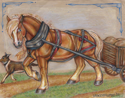 Size: 2164x1703 | Tagged: safe, artist:unacctmango, part of a set, applejack, winona, dog, earth pony, horse, pony, g4, border collie, cart, colored pencil drawing, duo, duo female, female, hay, hoers, mare, signature, traditional art, walking