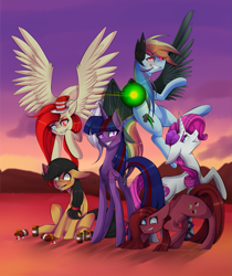Size: 749x892 | Tagged: source needed, safe, artist:xscarywaysx, applejack, fluttershy, pinkie pie, rainbow dash, rarity, twilight sparkle, alicorn, earth pony, pegasus, pony, unicorn, elements of insanity, g4, applepills, blood, brutalight sparcake, crouching, drool, ears back, eyeshadow, female, fluttershout, flying, folded wings, group, gun, hat, heterochromia, lidded eyes, looking at someone, looking at you, makeup, mane six, mare, obtrusive watermark, pill bottle, pills, pinkis cupcake, rainbine, rarifruit, sextet, standing, tongue out, watermark, weapon, wings