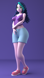 Size: 1080x1920 | Tagged: safe, artist:argos90, misty brightdawn, human, g5, 3d, clothes, curly hair, female, humanized, light skin, shoes, shorts, shy, solo, tank top