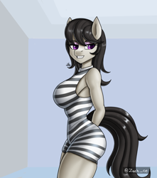 Size: 1500x1700 | Tagged: safe, artist:zachc, octavia melody, earth pony, anthro, g4, arm behind back, breasts, busty octavia melody, clothes, dress, female, grin, sideboob, smiling, solo, striped clothes, striped dress, thighs, tight clothing