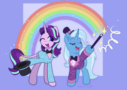 Size: 1641x1165 | Tagged: safe, artist:horse-time-babey, artist:risswm, starlight glimmer, trixie, pony, unicorn, g4, bowtie, collaboration, duo, eyes closed, female, hat, hoof hold, magic wand, magnetic hooves, mare, one eye closed, open mouth, open smile, purple background, rainbow, simple background, smiling, top hat
