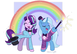 Size: 1641x1165 | Tagged: safe, alternate version, artist:horse-time-babey, artist:risswm, starlight glimmer, trixie, pony, unicorn, g4, bowtie, collaboration, duo, eyes closed, female, hat, hoof hold, magic wand, magnetic hooves, mare, one eye closed, open mouth, open smile, rainbow, simple background, smiling, top hat, transparent background