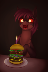 Size: 2000x3000 | Tagged: safe, alternate version, artist:stray prey, oc, oc only, oc:spring tide, original species, shark, shark pony, burger, candle, female, food, high res, loss (meme), meat, open mouth, ponies eating meat, sharp teeth, solo, teeth, uvula, volumetric mouth