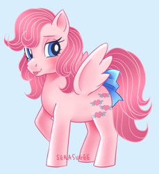 Size: 776x849 | Tagged: safe, artist:serasugee, heart throb, pegasus, pony, g1, bow, pink fur, pink mane, simple background, solo, tongue out