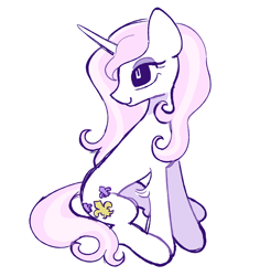 Size: 944x1000 | Tagged: safe, artist:risswm, fleur-de-lis, pony, unicorn, g4, concave belly, female, mare, no pupils, simple background, sitting, slender, smiling, solo, thin, turned head, white background