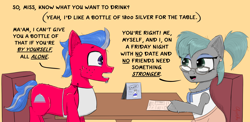 Size: 2200x1077 | Tagged: safe, artist:chopsticks, oc, oc only, oc:willes, earth pony, pony, 1st awesome platoon, alcohol, alcoholism, alone, apron, cheek fluff, chest fluff, clothes, dialogue, drink, ear fluff, ear piercing, earring, female, glasses, jewelry, looking at each other, looking at someone, male, mare, piercing, ponytail, restaurant, sad, scarf, simple background, sitting, sketch, skirt, stallion, table, text, this will not end well, unshorn fetlocks, waiter