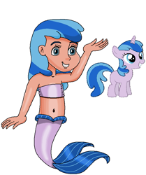 Size: 715x856 | Tagged: safe, artist:ocean lover, star dreams, human, mermaid, pony, unicorn, g4, bandeau, bare midriff, bare shoulders, belly, belly button, blue eyes, blue hair, child, cute, female, filly, fins, fish tail, foal, happy, horn, human coloration, humanized, long hair, looking up, mermaid tail, mermaidized, midriff, ms paint, reference, simple background, sleeveless, smiling, species swap, swimming, tail, tail fin, tan skin, two toned hair, vector, white background