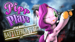 Size: 1920x1080 | Tagged: safe, artist:pika-robo, pipp petals, pegasus, pony, series:pipp plays, g4, g5, 3d, bipedal, fake thumbnail, female, g5 to g4, gamer pipp, gaming headset, generation leap, headset, let's play, lightsaber, mare, one eye closed, solo, source filmmaker, star wars, star wars battlefront ii, this will end in death, tongue out, too dumb to live, weapon, youtube thumbnail